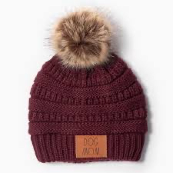 Rae Dunn NWOT Dog Mom Pom Pom Hat BURGANDY